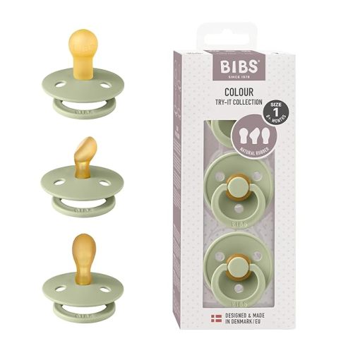 BIBS Pacifiers 0-6 Months | 3-Pack Soothers | BPA-Free Round, Anatomical & Symmetrical Nipple | Made in Denmark | Ivory Try-It Collection (Sage)
