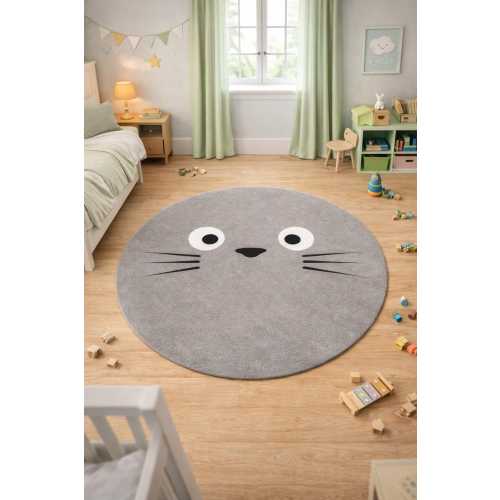 Round Cat Kids Rug – Washable Non Slip Nursery Carpet