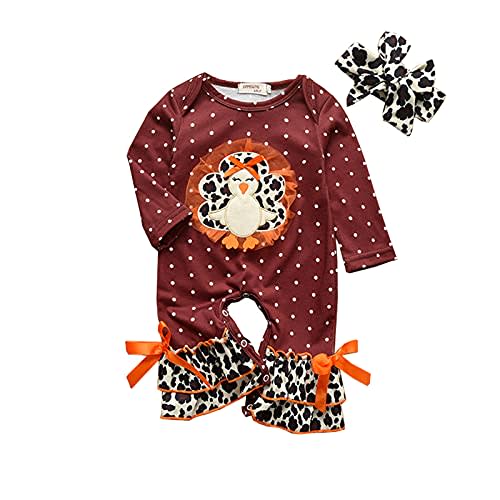 Amiblvowa Newborn Baby Girl Thanksgiving Ruffle Jumpsuit Turkey Romper Headband Outfits Bell Bottom Flare Clothes Set (Red Wine, 3-6 Months)