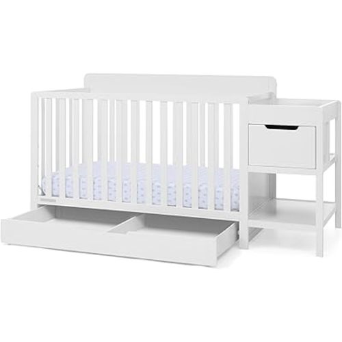 Delta Children Maya 5-in-1 White Convertible Crib and Changer with Storage, Converts to Toddler Bed, Daybed, Sofa & Full Bed, Greenguard Gold Certified, 3 Mattress Heights for Baby, Bianca White