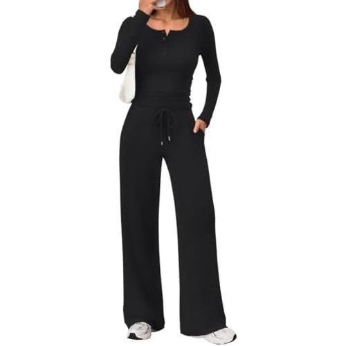 Trendy Queen Women's 2 Piece Matching Lounge Sets Fall Fashion Outfits Henley Neck Sweater Top Wide Leg Pants Sweat Suits