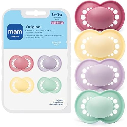 MAM Original Matte Baby Pacifiers 6-16 Months, Binky for Newborn Babies, BPA-Free Skin Soft Silicone Nipple, Easy to Clean, Developed with Medical Experts, 4 Count, Made in Europe