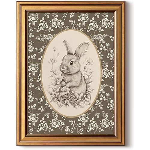 InSimSea Gold Framed Canvas Prints Wall Art, Vintage Nursery Decor, Vintage Rabbit Bunny Sketch Paintings Farmhouse Wall Decor Aesthetic, Neutral Pictures for Bedroom Living Room Shelf, 12x16inch