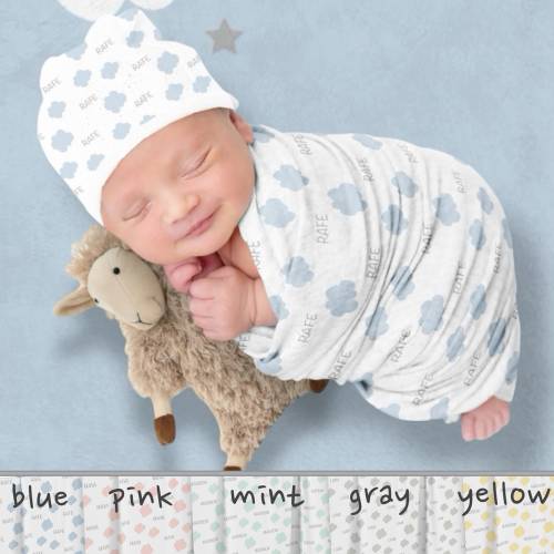 Personalized Baby Swaddle and Beanie Set: Cloud Design, Newborn Photo Prop