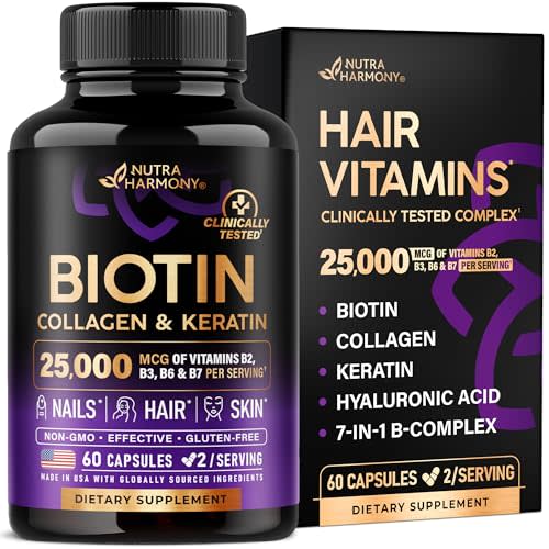 Biotin | Collagen | Hyaluronic Acid | Keratin - Clinically Tested Supplement - Hair Growth Support, Skin & Nails - 25000 mcg Vitamins B2, B3, B6 & B7 + B1 - Made in USA - Women & Men | 60 Capsules