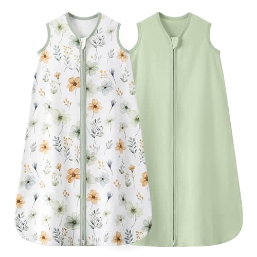 Baby Sleep Sack 0-6 Months 0.5 TOG, 100% Cotton Baby Wearable Blanket 2 Pack with 2-Way Zipper, Lightweight Sleep Bag for Boys ＆ Girls Newborn Infant Breathable Sleeing Sack Green Flower