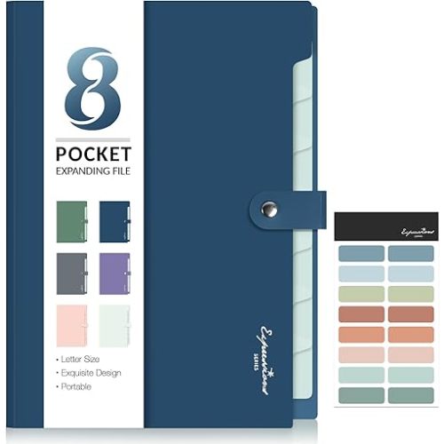 Sooez Elegant Accordion File Organizer with Labels, 8 Pocket Expanding File Folder, Portable Folders for Documents, Cute Paper Organizer for School Office Supplies, Letter Size, Blue