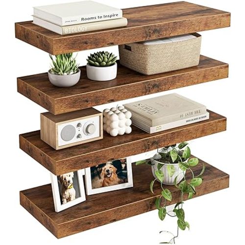 Fixwal Floating Shelves 15.8in Rustic Wood Finish with Invisible Brackets, Set of 4, Rustic Brown