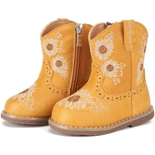 Newsonet Baby Cowboy Cowgirl Boots Infant Western Boots Toddler Boys Girls Round Toe Riding Mid Calf Boots All Seasons for 6 9 12 18 24 Months