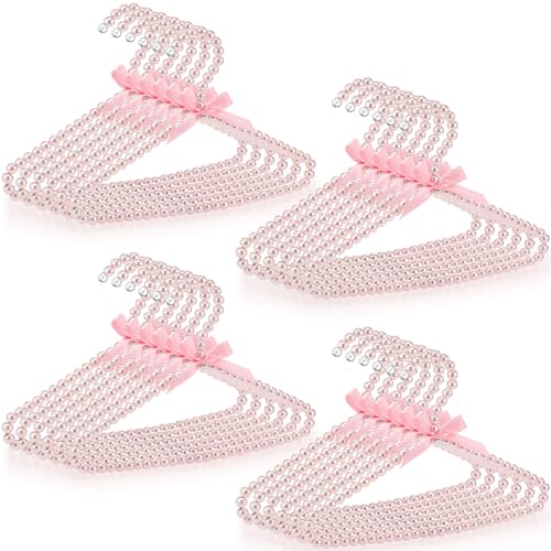 Threan Pink 24 Pcs Pearl Beaded Clothes Hanger Mini Pearl Beads Small Metal Clothes Hangers with Ribbon Standard for Kids Baby Children Pet Dog