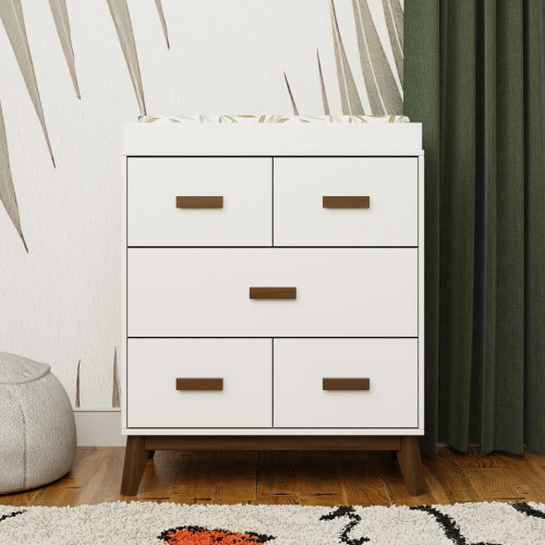babyletto Scoot 3-Drawer Changer Dresser with Removable Changing Tray - White/Natural Walnut