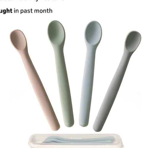 Moonkie Silicone Baby Spoons Set of 4, Toddler Spoons for Self Feeding 6 Months, Two Sizes Feeding Spoons for First Stage 4+ Months, Infant, Baby Utensils with Case, Bendable, Chewproof & Boil-proof