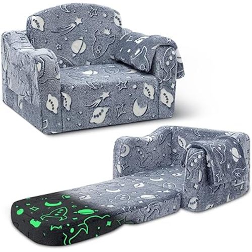 Comfy Toddler Couch and Chair for Kids with Blanket, 2-in-1 Soft Plush Fold Out Kids Sofa Chairs for Girls and Boys, Convertible Sofa to Lounger for Playroom, Glowing Starry Sky