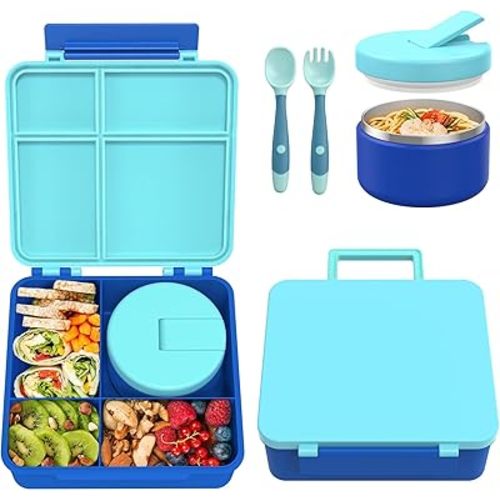Bento Lunch Box with 8oz Soup Thermo, Kids Leakproof Lunch Food Containers with 4 Compartment, Kids Thermo Insulated Hot Food Jar for School, Trvael（Blue