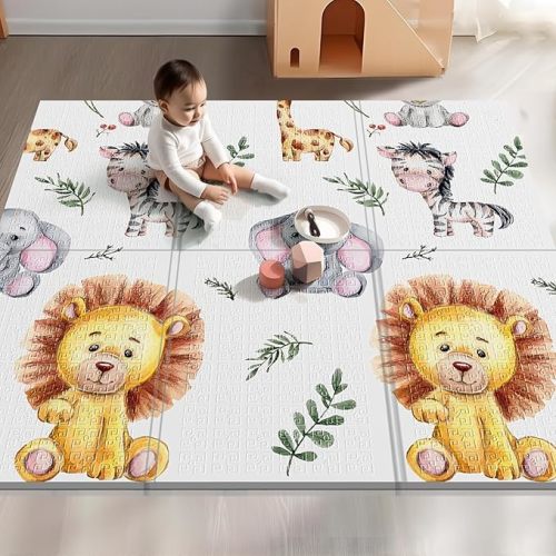 59x59 Foldable Foam Baby Play Mat for Floor, Babies Activity Tummy Time Playmat, Kids Non Toxic Foam Thick Play Mat for Baby, Toddlers, Waterproof & Anti-Slip Crawling Mats,Lion,59x59x0.4
