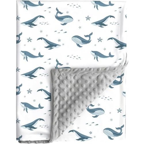 Ocean Baby Blanket Blue Whale Gender Neutral Minky Blankets for Newborn Baby Girls or Boys Undersea World Nursery Toddler Double Layer Blanket with Dotted Backing Sea Animal Printed (Light Blue)