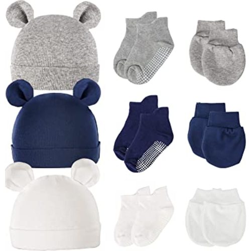 Pimoys 3 Sets Newborn Hat, Cotton Baby Hat Boys Baby Beanie Bear Ear Infant Hat New Years Gift for 0-6 Months Baby Boys (Hat, Mittens,Socks) Blue