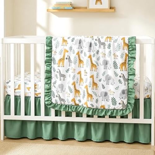 Hahafelt 3 Pcs Green Safari Animal Crib Bedding Set for Boys, Ruffle Baby Comforter, Fitted Sheet & Dust Ruffle Skirt, Soft Boho Nursery Bedding for Newborn Infant Toddler, Fits Standard Crib Mattress