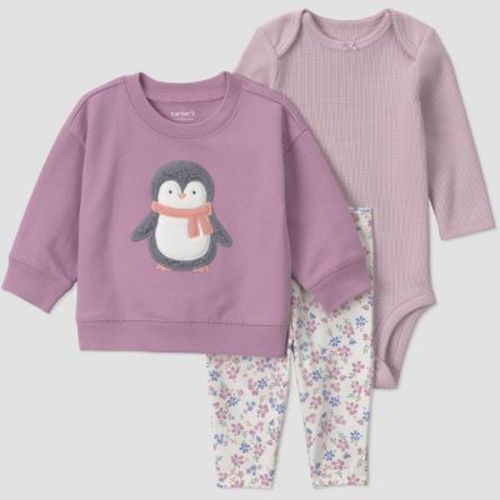 Carter's Just One You® Baby Girls' 3pc Penguin Sweatshirt, Long Sleeve Bodysuit and Floral Leggings Set - Purple 12M