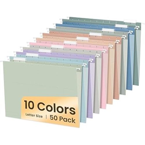 SUNEE Hanging File Folders, 50 Pack Letter Size Hanging File Folders with 1/5-cut Tabs, Stay Organized for Your Home and Office Bulk File, Documents and Paper, 10 Pastel Colors