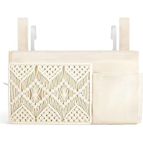 Mkono Bedside Caddy Hanging Organizer, Boho Macrame Storage with Fixed Straps and Hooks, 4 Pockets Holder Remote Magazine Accessories for Home Loft Bunk Bed, Dorm, Hospital Beds