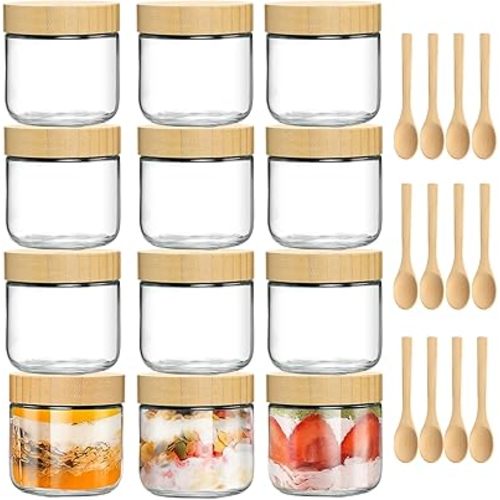12 Pack 10oz Glass Jars with Bamboo Lids, Spoons, Airtight Overnight Oats Containers, Salad & Yogurt Storage, Mason Jars for Snacks, Spices, Meal Prep – Reusable