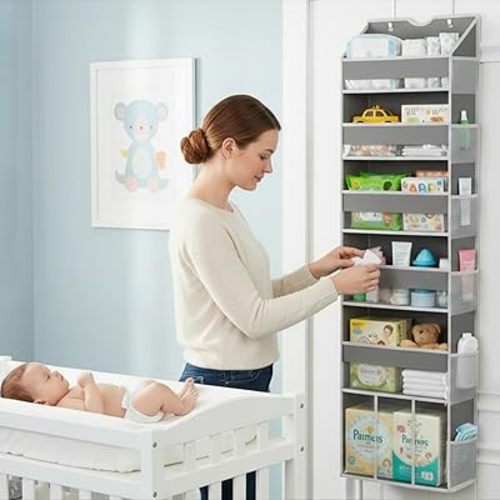 Over the Door Hanging Organizer for Bathroom & Nursery - 6 Shelf Closet Door Organizer, Anti Tilt 50LB Load Baby Behind Door Storage with 6 Large Clear Front & 12 Mesh Pockets, Small Space Essentials