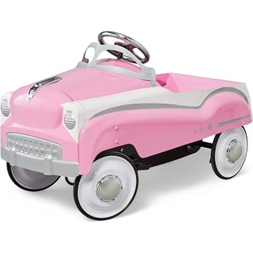 Kid Trax Classic Pink Pedal Car for Girls, Ages 3-5, Durable Steel, 60lbs Max, Easy Assemble, Indoor/Outdoor Ride-On Toy, Toddler Ride-On, Vintage Style, Rubber Tires, Functional Steering