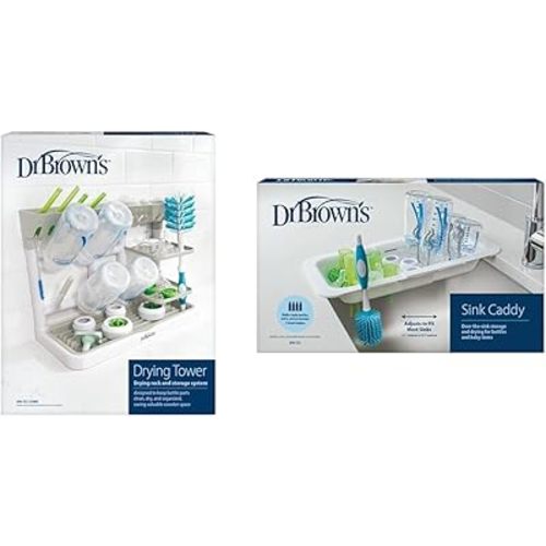 Dr. Brown's Baby Bottle Drying Tower, Stand-Up Drying Rack, Gray/White Sink Caddy for Baby Bottles & Parts with Two Brush Holders, Over the Sink Storage, Drying Rack, Organizer, BPA-Free