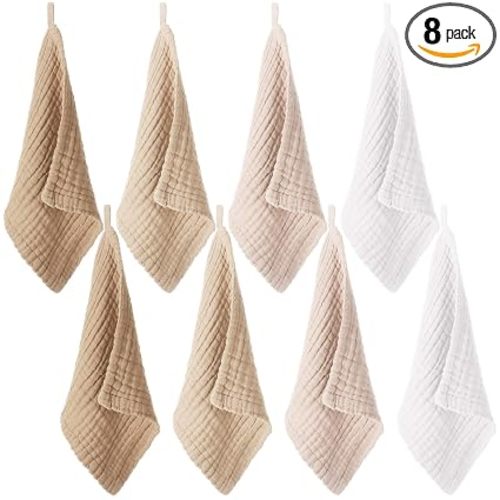 SmoothNovelty 8 Pcs Baby Washcloths for Newborn 12 x 12 Inch Muslin Face Towels Cotton Absorbent for Delicate Skin Soft Muslin Cloth Reusable Baby Registry as Shower Gift, 4 Colors (Light Color)