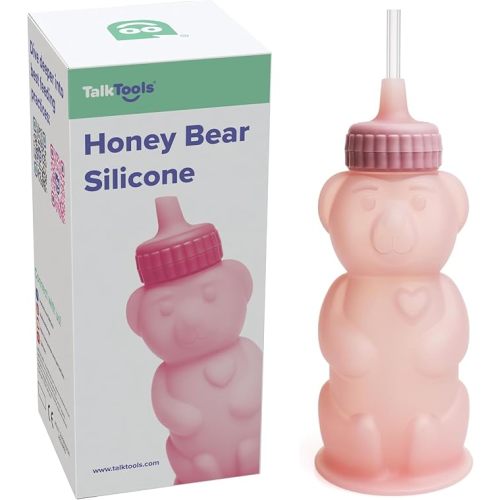 TalkTools Honey Bear Silicone Straw Cup, Dishwasher Safe Baby Drinking Bottle,Premium Food-Grade Material, Honeybear Sippy Cup for Ages 4+ Months, Kids and Toddlers (Single 8oz)-Bubblegum