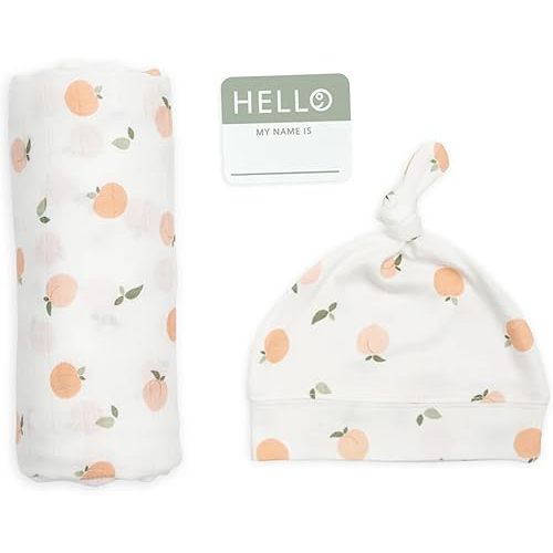 Lulujo Birth Announcement Hat & Swaddle Blanket Set | Unisex Softest Bamboo Viscose Muslin Baby Swaddle Blanket | Receiving Blanket | 47in x 47in | Peaches