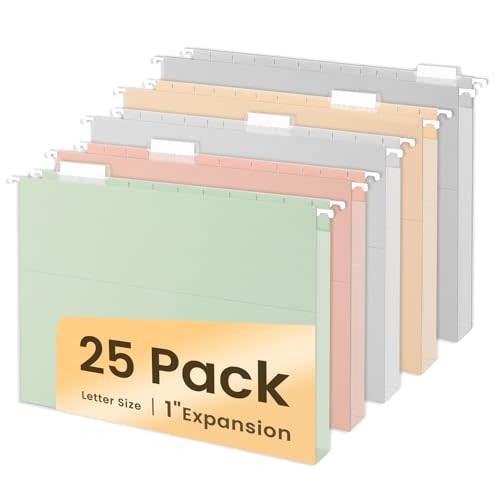SUNEE Hanging File Folders Letter Size, Pastel Colors, 25 Count Letter Size File Folders with 1/5-cut Tabs, Heavy Duty 1 Inch Expansion, Stay Organized for Your Home and Office Bulk File