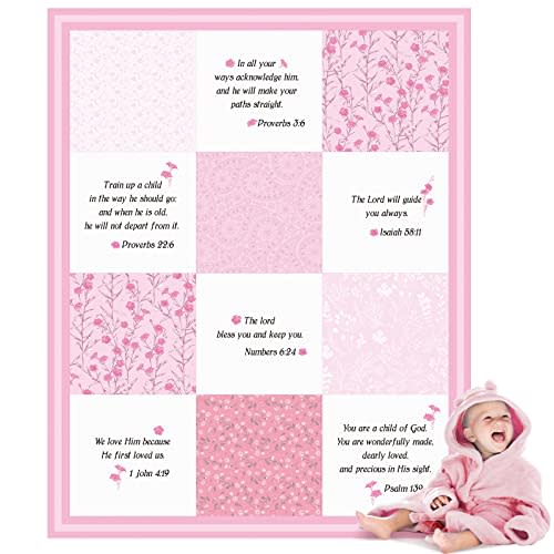 Oudain Christian Baby Blankets with Bible Verses Scripture Flowers Paisley Baby Receiving Baptism Blanket Christian Christening Gifts for Newborn Kids, 30 x 40 Inch(Pink)