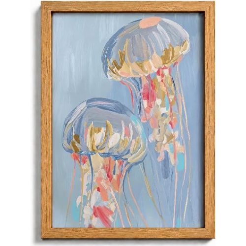 Framed Blue Jellyfish Canvas Wall Art,Nursery Ocean Animals Wall Decor