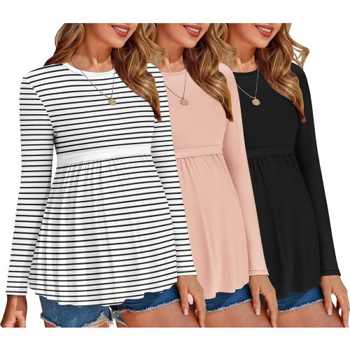 Ekouaer Maternity Shirts 3 Packs Pleated Long Sleeve Tops Tunic Casual Pregnancy Clothes