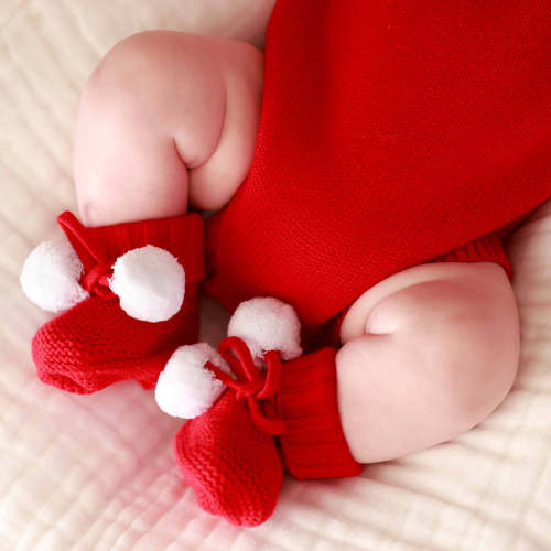 Knit Pom Pom Baby Booties | Red - 0-3M