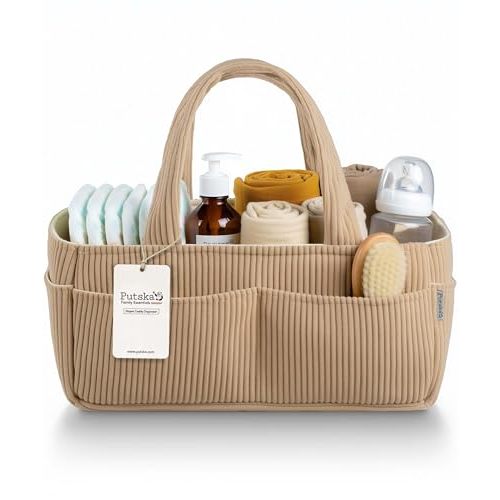 PUTSKA Baby Diaper Caddy Organizer for Changing Table – Stylish Nursery Storage Basket, Newborn Essentials, Baby Shower Gifts and Registry Must-Haves for Boy or Girl, Car Diaper Caddy, Corduroy Mocha