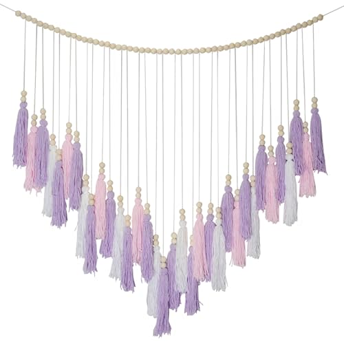 Pink & Purple Macrame Hanging Boho Wall décor, Purple Wall Decor for Bedroom Living Room Girls Room Nursery Large Tassel Hanging with Wood Beads 41" W x 32" H