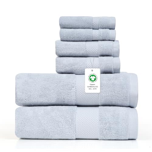 Farm to Home 100% Organic Bath Towel Set of 6 – GOTS & Oeko-TEX Certified Organic Cotton, Soft, Ultra Absorbent, Quick Dry - Includes 2 Bath Towels, 2 Hand Towels, 2 Washcloths - Sky