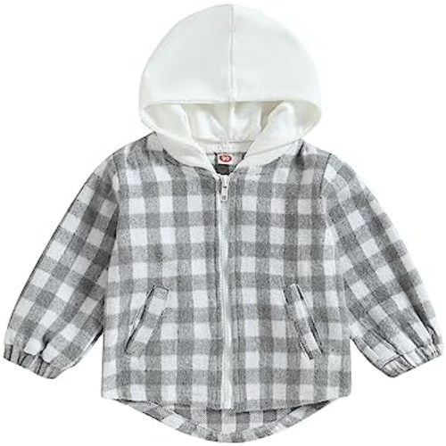 Douhoow Toddler Baby Plaid Jacket Baby Boy GIrl Flannel Hoodies Zip Up Hooded Fall Winter Outerwear Coat