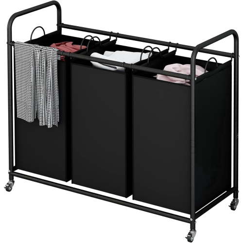 SUOERNUO 3-Bag Laundry Sorter Cart with Wheels – Heavy Duty Rolling Hamper with Removable Bags for Laundry Room Organization (Black)