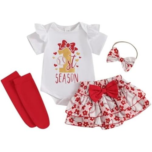 Newborn Baby Girl Baseball Outfit My 1st Baseball Season Romper Ruffle Shorts Set Headband Socks Summer Clothes