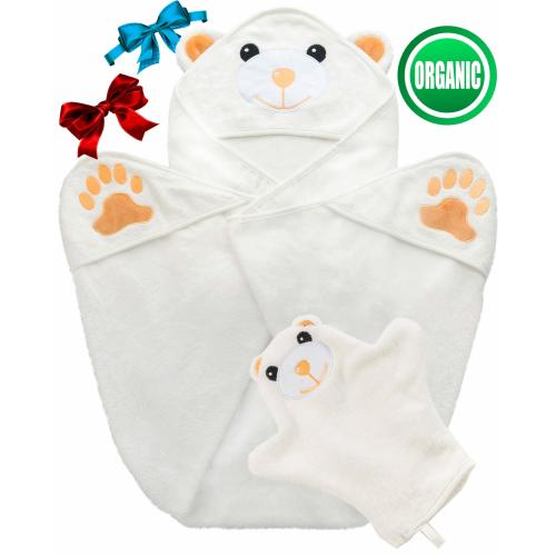 100% Organic Bamboo Hooded Baby Towel and Washcloth Set - Ultra Absorbent (500 GSM) - Large (35x35 Inches) Premium Extra Soft and Thick Bath Towels - Ideal Baby Gifts for Baby Showers and Birthdays
