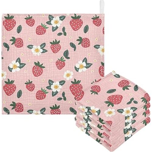 Newborn Face Towel Strawberries Soft Cotton Baby Washcloths 11.8 x 11.8 Inch Infants Girls Boys Muslin Burp Cloths 5 Pack