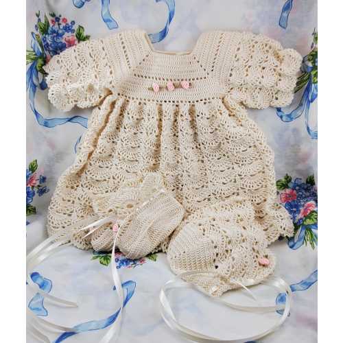 Picot Baby Girl Set Ivory Crochet Thread Dress Bonnet Booties Pink Roses Ivory Ribbon Christening Easter Set Baby Photo Prop Shower Gift