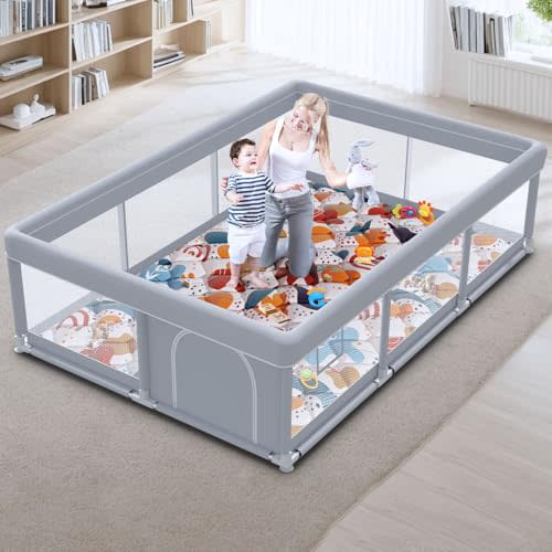 besuhot Baby Playpen 74"x50" with Mat Play Pens for Babies and Toddlers, Large Play Yards for Indoor & Outdoor with Zipper Gates