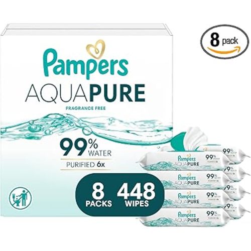 Pampers Aqua Pure Baby Wipes, Unscented, Fragrance Free, 99% Water, Water Based, Multi-Use, 448 Wipes Total (8X Flip-Top Packs)