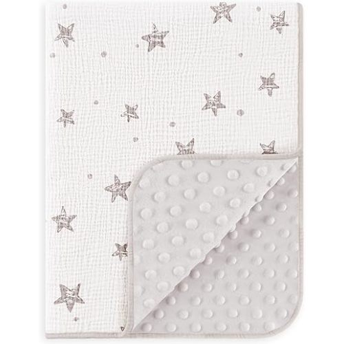 Susurration Baby Blanket for Unisex Boys Girls, Soft Nursery Minky Blanket with Muslin Cotton Front and Dotted Fleece Back, Receiving Blanket for Baby Newborn Infant, 30x40inch (Beige Star)