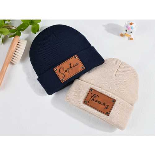 Custom Baby Beanie Hat,Leather Patch Beanie with Name,Toddler hats kids teens infant newborn gifts,Unisex Beanies for Baby,Newborn baby gift